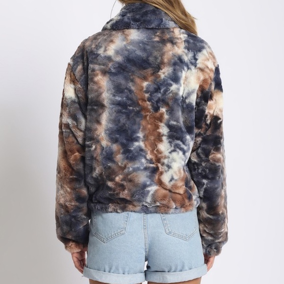 Blue and Brown Fuzzy Tie Dye Zip Up Jacket - Picture 2 of 4